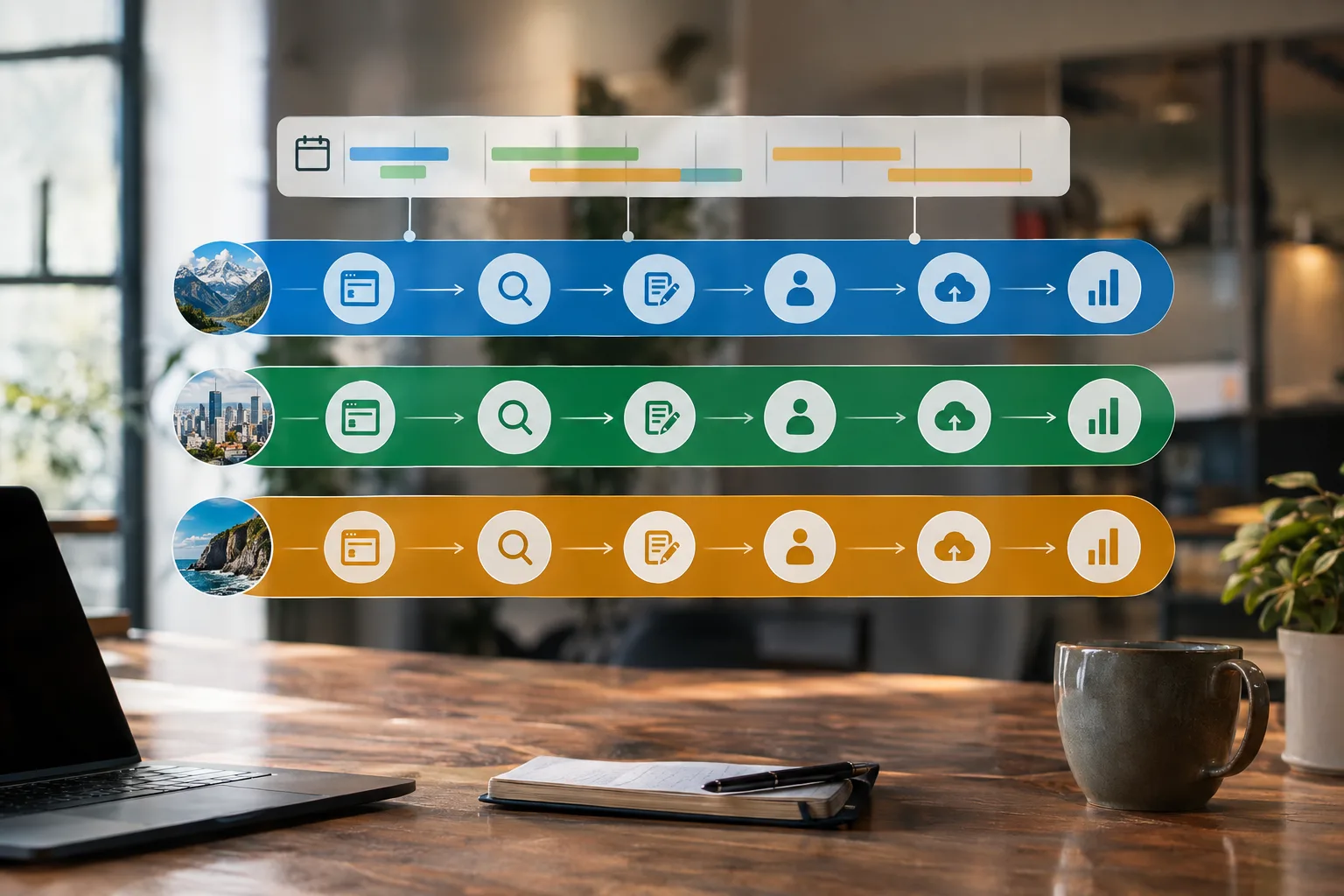 Parallel client SEO workflow lanes share an agency process but keep research, approvals and measurement separate