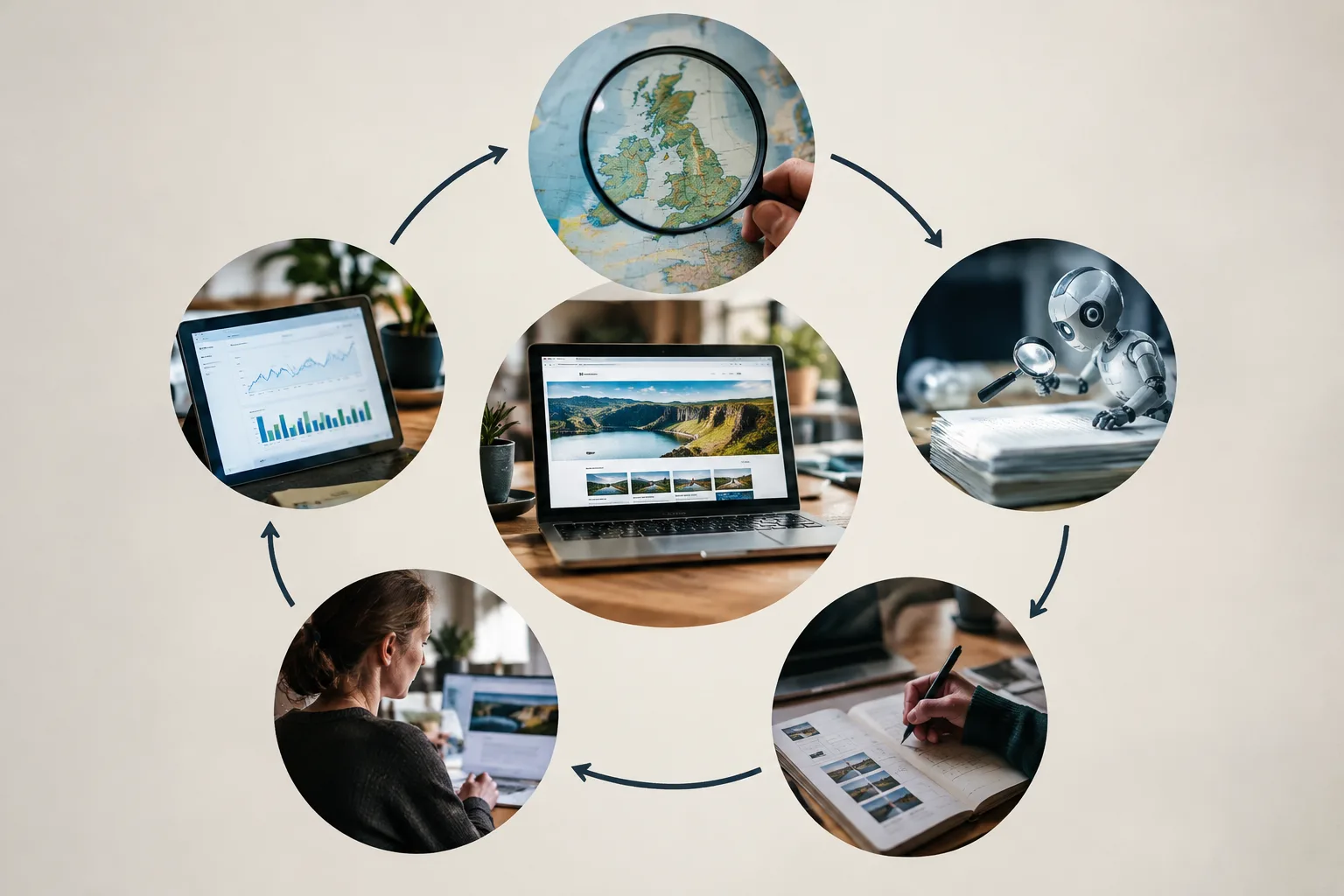 Five-part UK SEO software evaluation loop showing research, site audit, content planning, approval and measurement