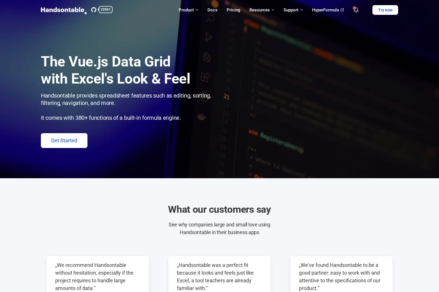 Screenshot of handsontable.com