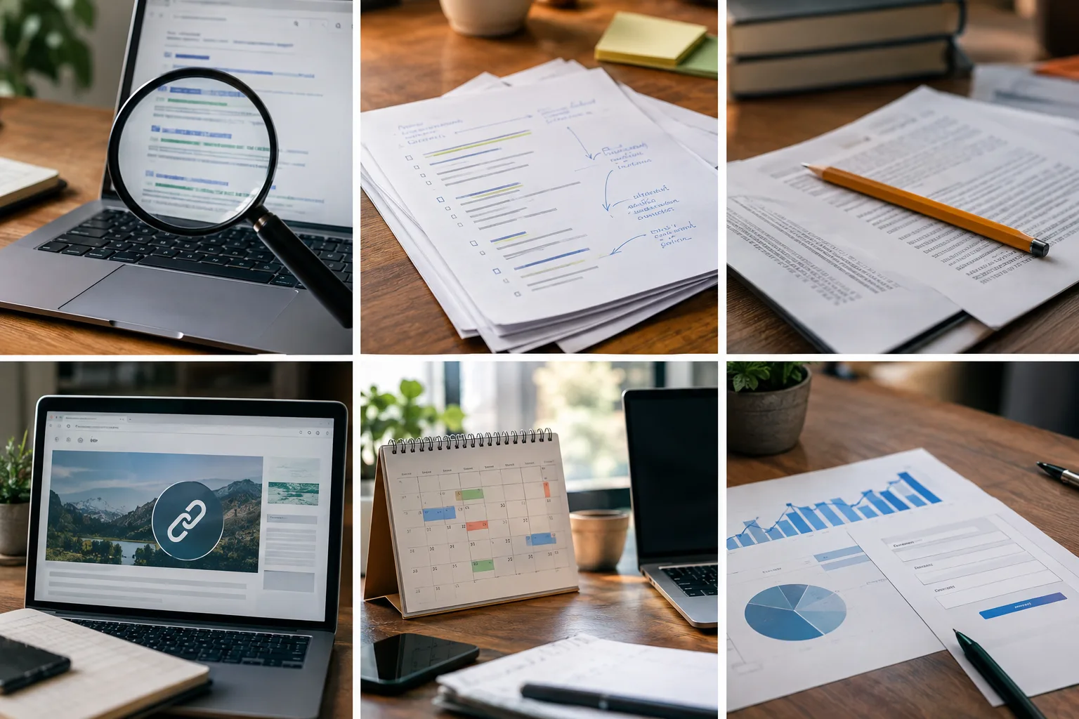 Six-part visual scorecard for assessing SEO writing providers on research, briefing, editing, links, publishing and measurement