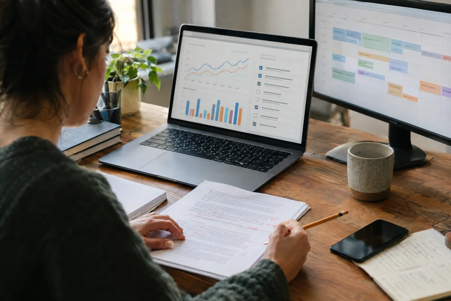 Editor assessing an article draft against a checklist, publishing plan and performance chart