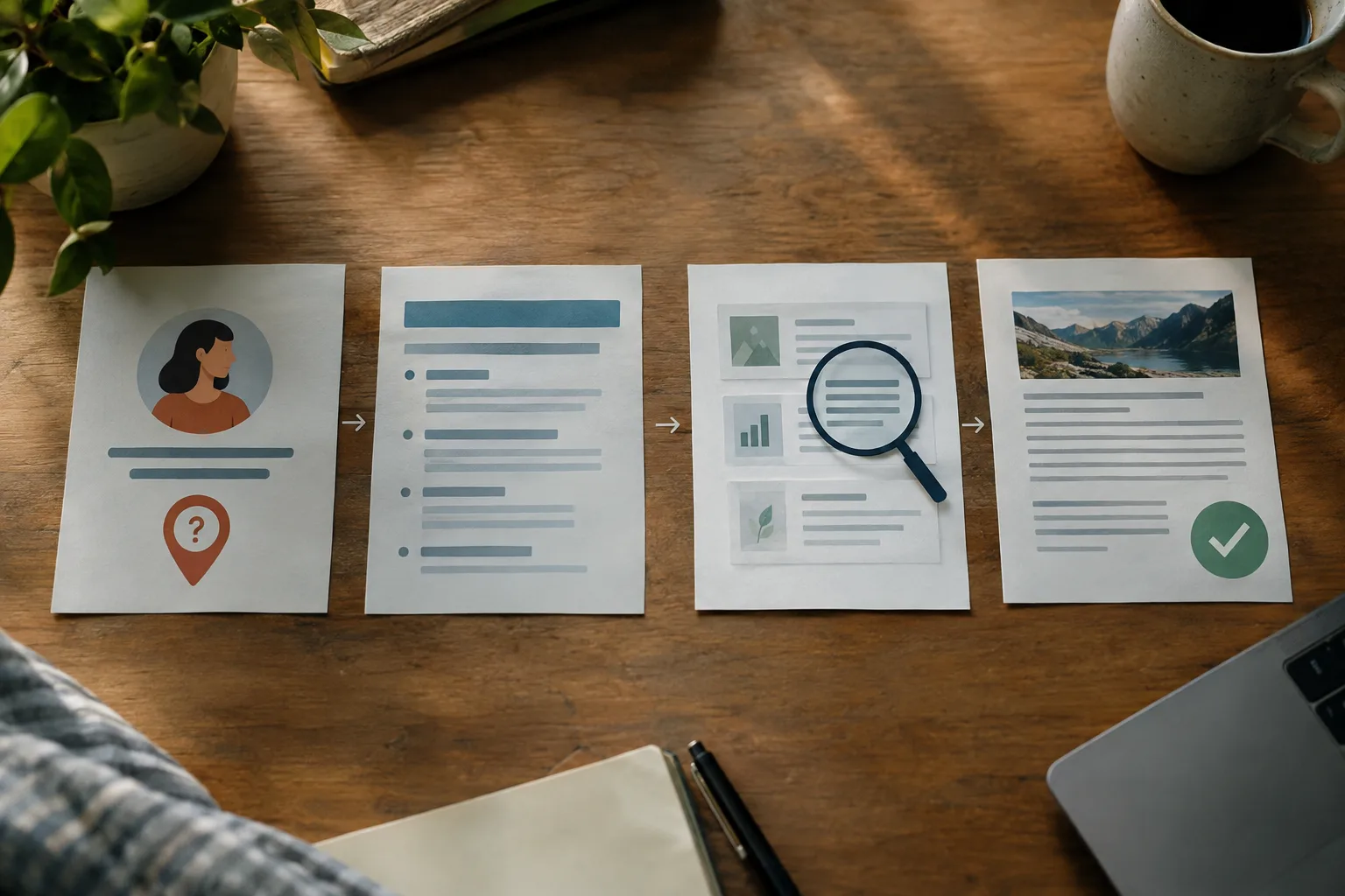 Four-stage visual showing audience, outline, evidence and original draft