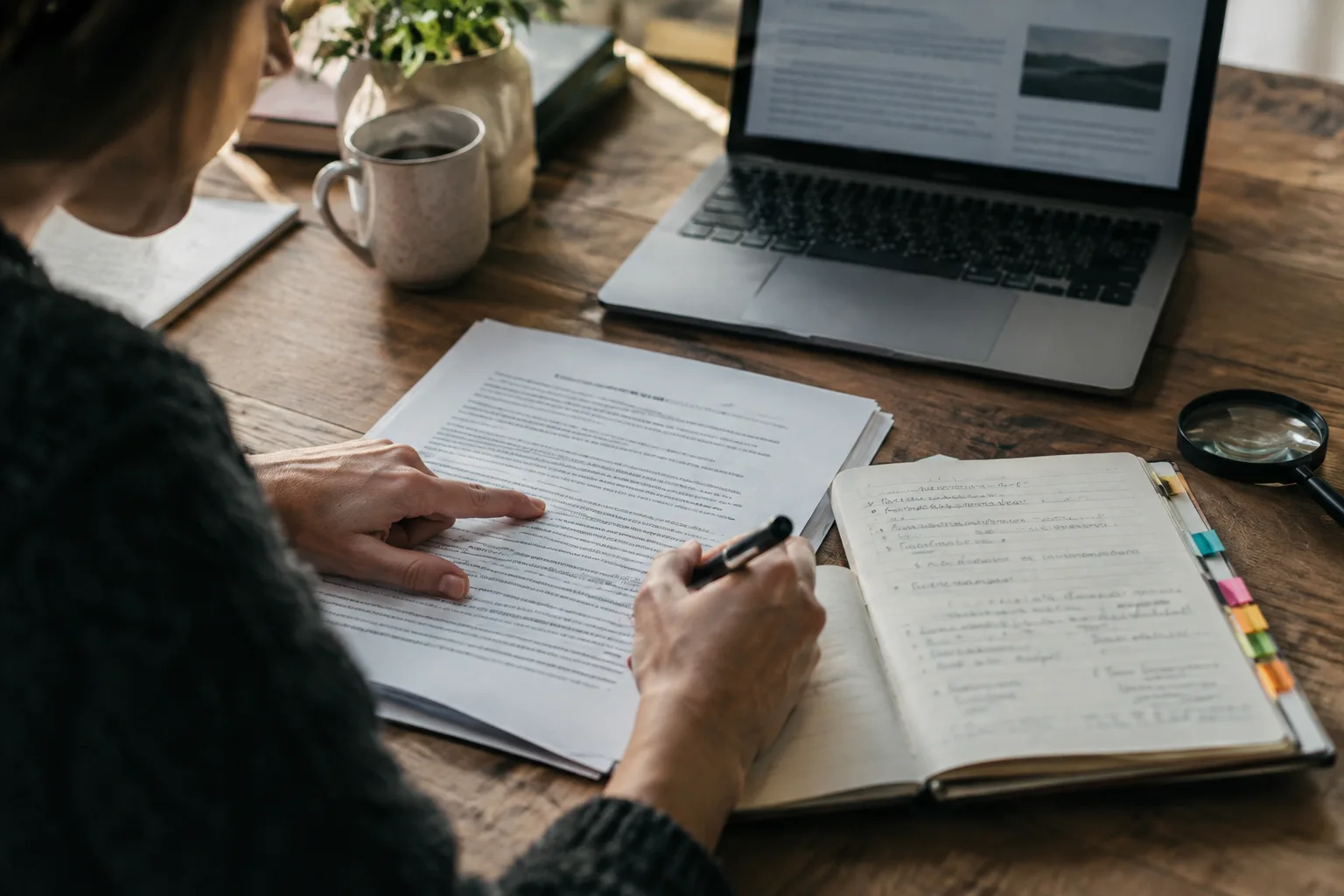 Editor comparing article claims with source notes during factual review