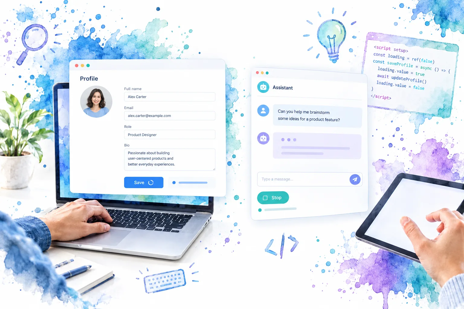 Form save and assistant reply interfaces showing localized loading feedback without covering other controls