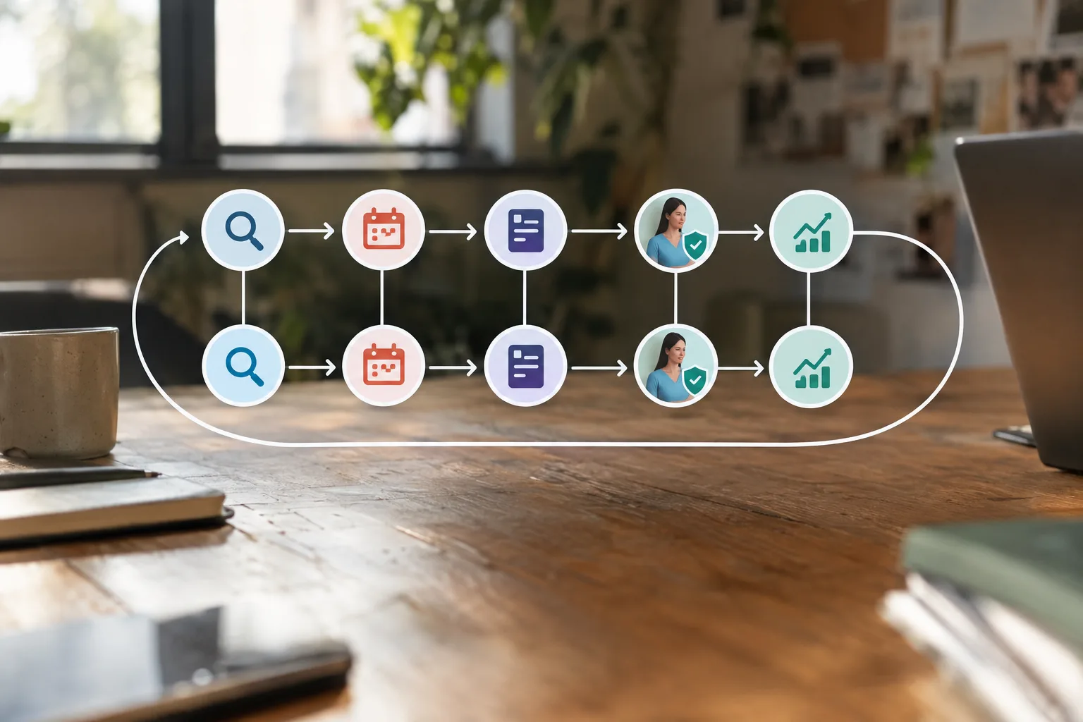 Visual framework comparing content and on-page SEO automation through a human approval and measurement loop
