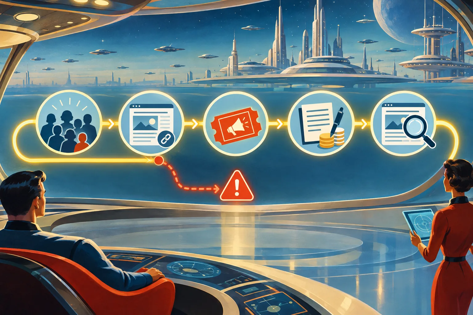 Five visual checks for approving a paid publisher placement: audience, context, disclosure, terms, and verification