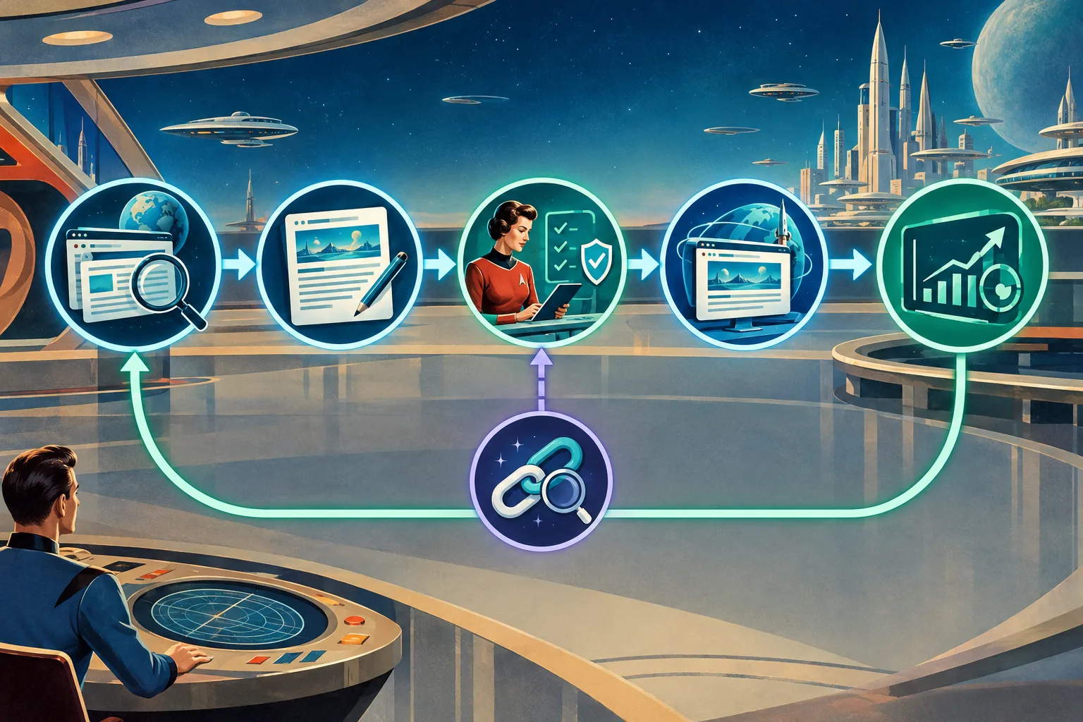 Five-stage agency content workflow with research, drafting, editorial approval, publication and measurement, plus a separate backlink review