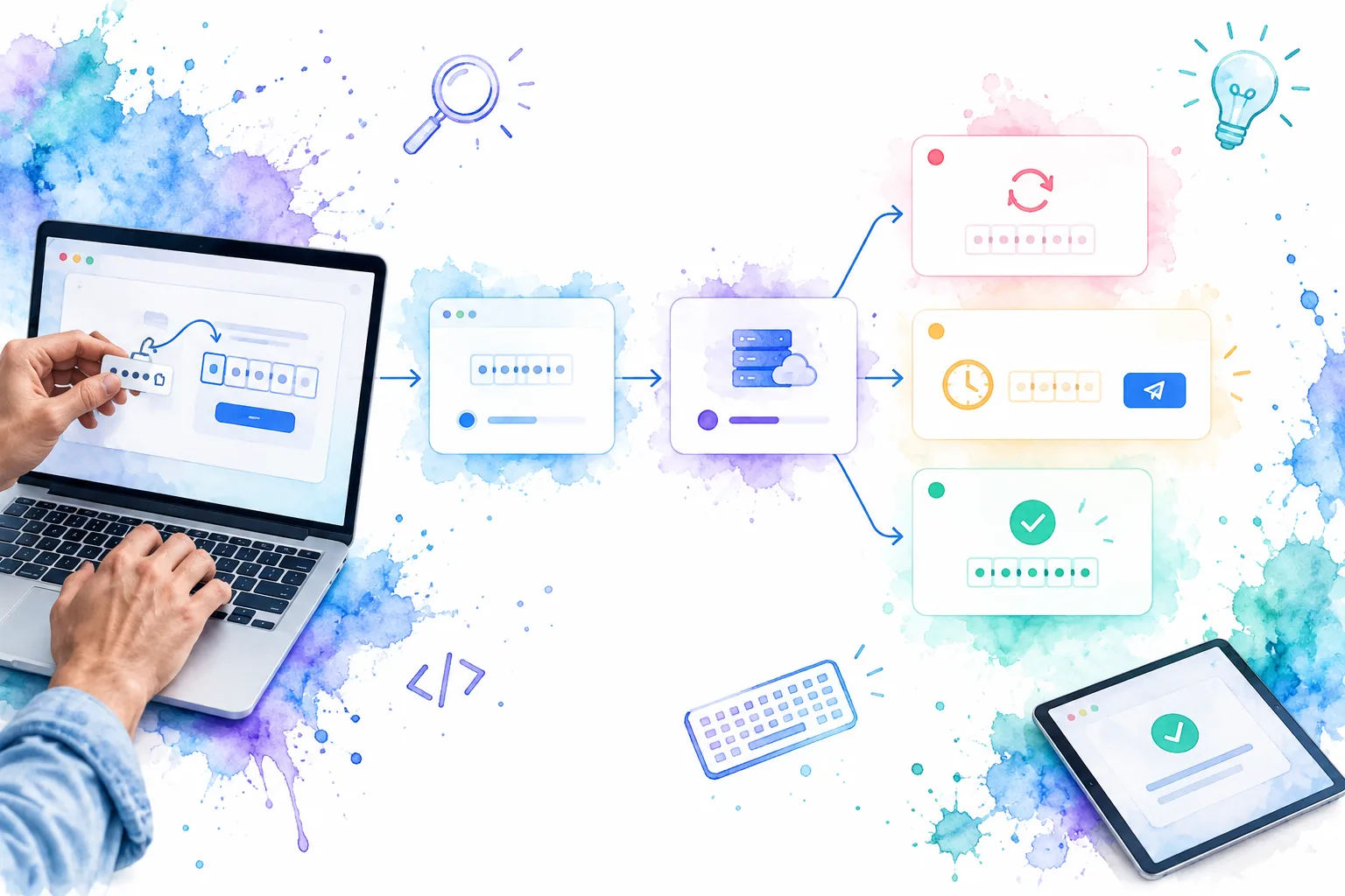 Flow of PIN entry through server verification, retry, expiry, and success