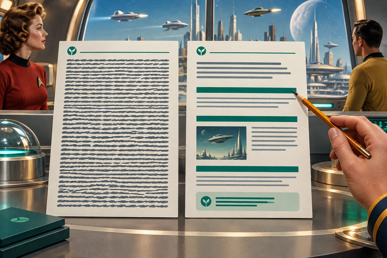 Side-by-side article layouts showing a dense draft and a scannable answer-first draft