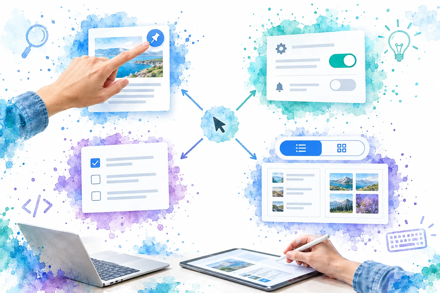 Four-way visual decision map for action toggle, settings switch, form checkbox and view selector