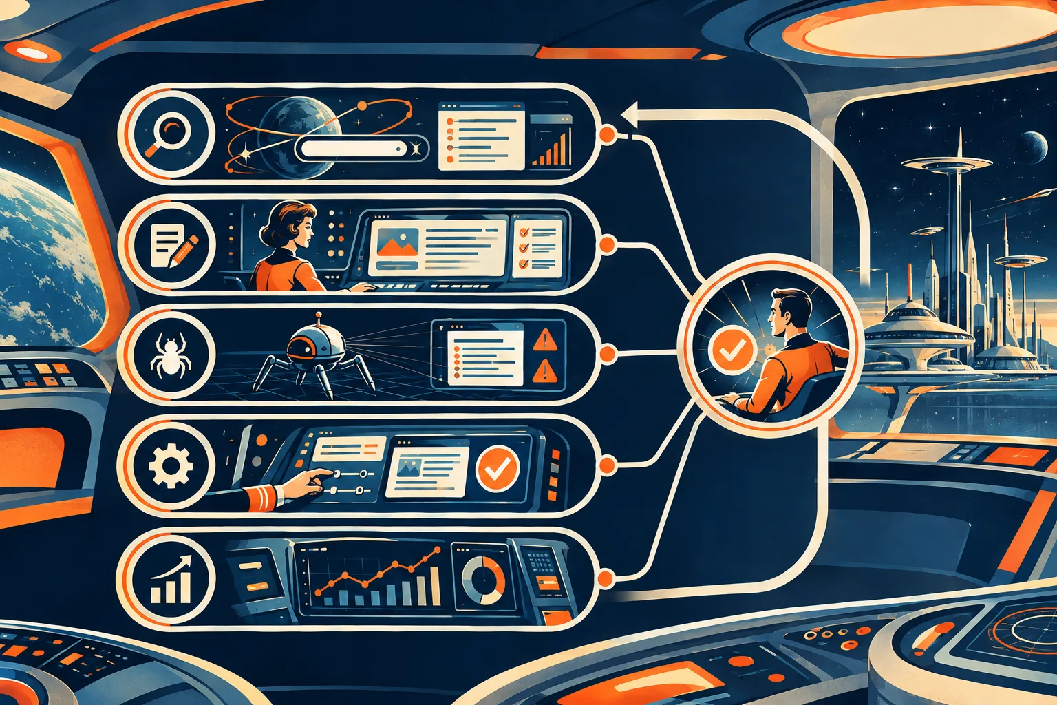 Five SEO automation tasks flow through a human review gate into a continuous measurement loop