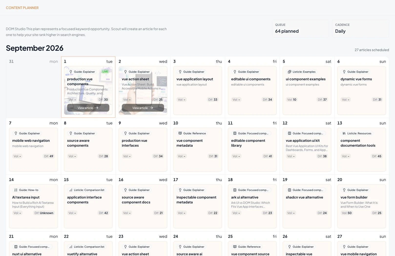 GrowthScout's real getdom.studio example calendar with planned articles and publishing dates